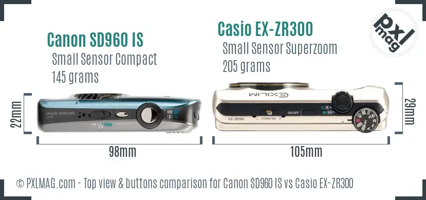 Canon SD960 IS vs Casio EX-ZR300 top view buttons comparison