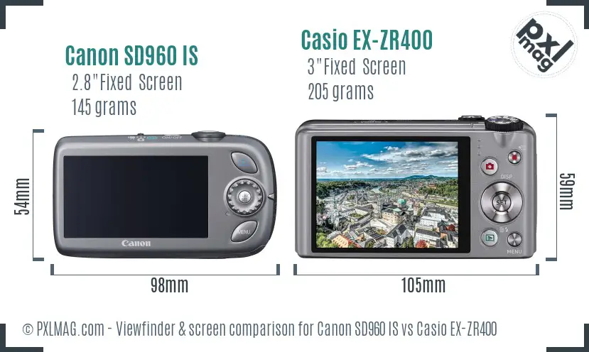 Canon SD960 IS vs Casio EX-ZR400 Screen and Viewfinder comparison