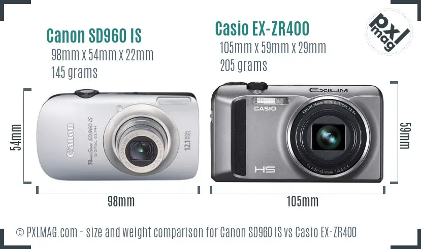 Canon SD960 IS vs Casio EX-ZR400 size comparison