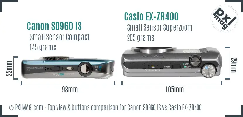 Canon SD960 IS vs Casio EX-ZR400 top view buttons comparison