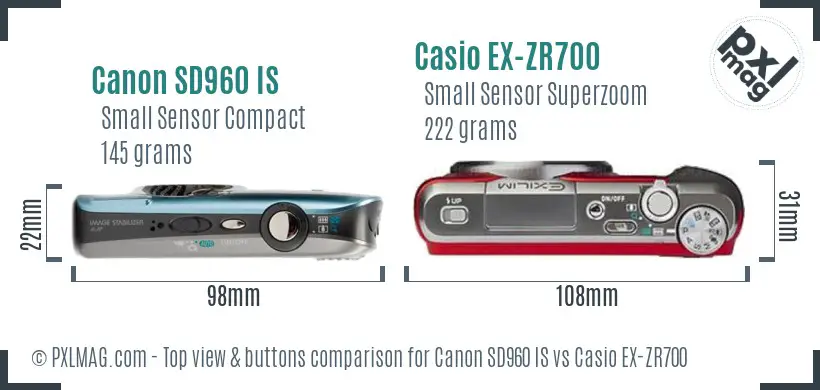 Canon SD960 IS vs Casio EX-ZR700 top view buttons comparison Canon SD960 IS vs Casio EX-ZR700 top view buttons comparison