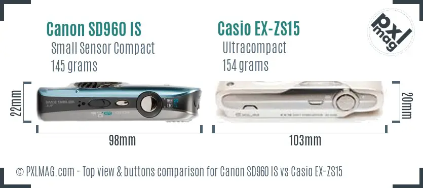 Canon SD960 IS vs Casio EX-ZS15 top view buttons comparison Canon SD960 IS vs Casio EX-ZS15 top view buttons comparison