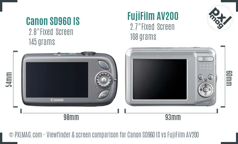 Canon SD960 IS vs FujiFilm AV200 Screen and Viewfinder comparison