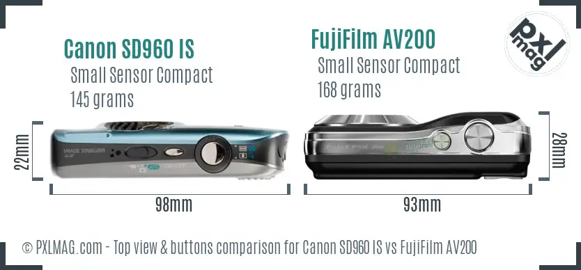 Canon SD960 IS vs FujiFilm AV200 top view buttons comparison