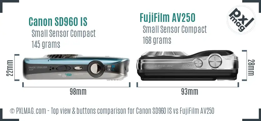 Canon SD960 IS vs FujiFilm AV250 top view buttons comparison