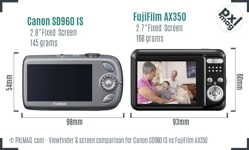 Canon SD960 IS vs FujiFilm AX350 Screen and Viewfinder comparison