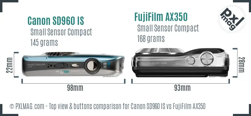 Canon SD960 IS vs FujiFilm AX350 top view buttons comparison