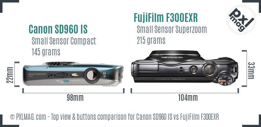 Canon SD960 IS vs FujiFilm F300EXR top view buttons comparison