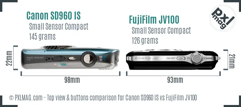 Canon SD960 IS vs FujiFilm JV100 top view buttons comparison