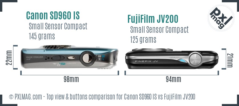 Canon SD960 IS vs FujiFilm JV200 top view buttons comparison