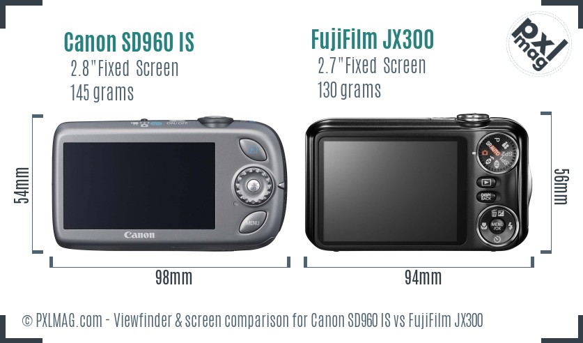Canon SD960 IS vs FujiFilm JX300 Screen and Viewfinder comparison