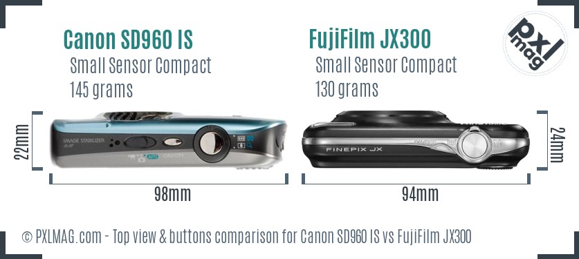 Canon SD960 IS vs FujiFilm JX300 top view buttons comparison