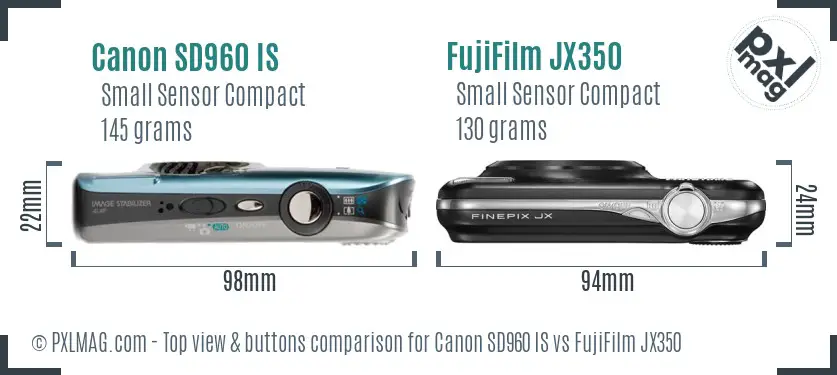 Canon SD960 IS vs FujiFilm JX350 top view buttons comparison Canon SD960 IS vs FujiFilm JX350 top view buttons comparison