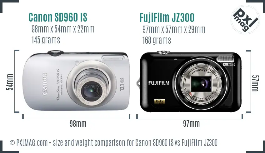 Canon SD960 IS vs FujiFilm JZ300 size comparison
