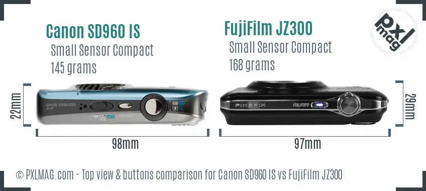 Canon SD960 IS vs FujiFilm JZ300 top view buttons comparison