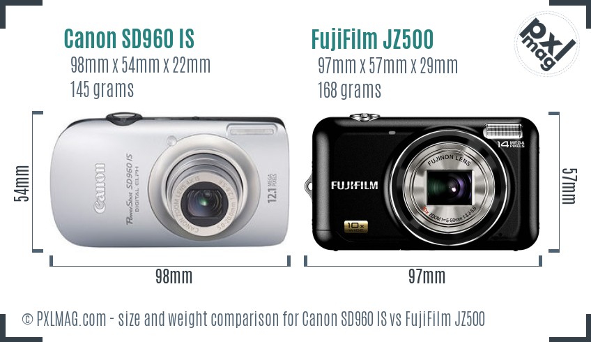Canon SD960 IS vs FujiFilm JZ500 size comparison Canon SD960 IS vs FujiFilm JZ500 size comparison