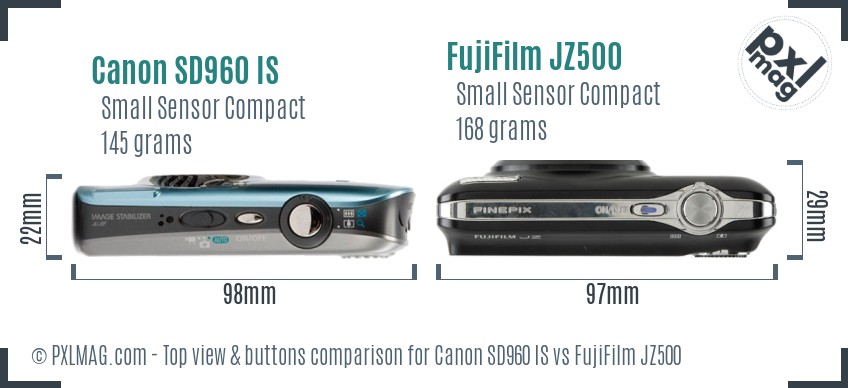 Canon SD960 IS vs FujiFilm JZ500 top view buttons comparison