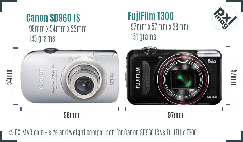 Canon SD960 IS vs FujiFilm T300 size comparison