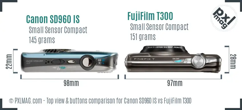 Canon SD960 IS vs FujiFilm T300 top view buttons comparison