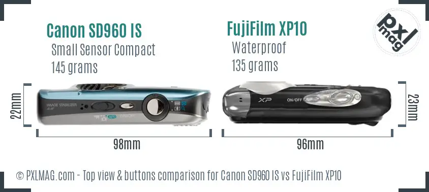 Canon SD960 IS vs FujiFilm XP10 top view buttons comparison Canon SD960 IS vs FujiFilm XP10 top view buttons comparison