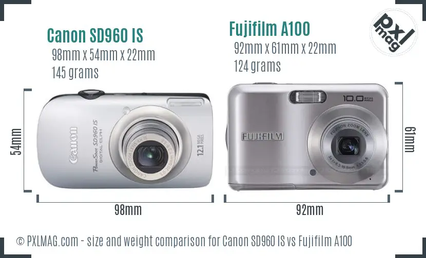 Canon SD960 IS vs Fujifilm A100 size comparison