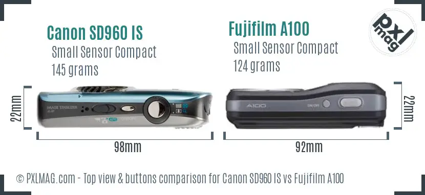 Canon SD960 IS vs Fujifilm A100 top view buttons comparison