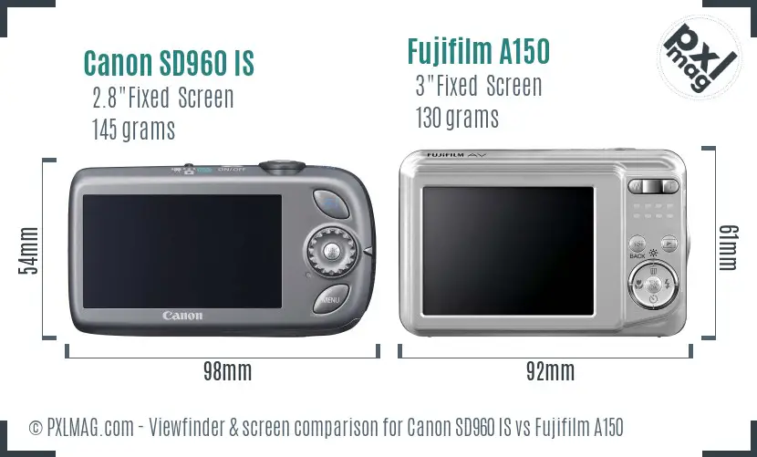 Canon SD960 IS vs Fujifilm A150 Screen and Viewfinder comparison