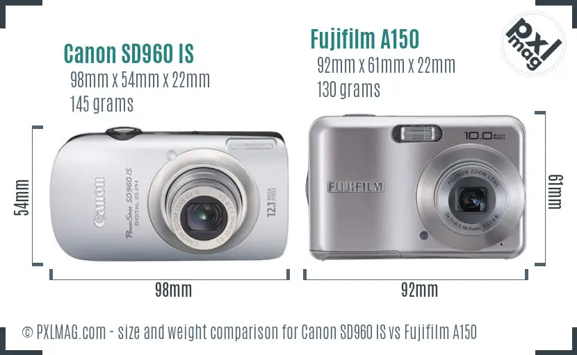 Canon SD960 IS vs Fujifilm A150 size comparison