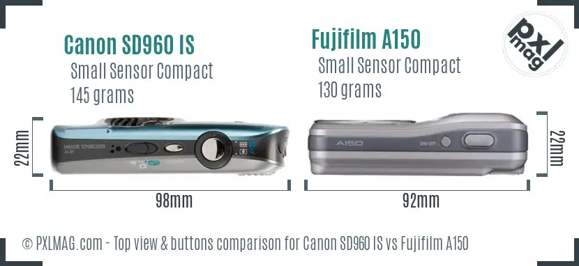 Canon SD960 IS vs Fujifilm A150 top view buttons comparison