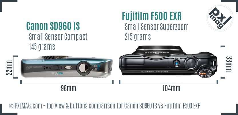 Canon SD960 IS vs Fujifilm F500 EXR top view buttons comparison