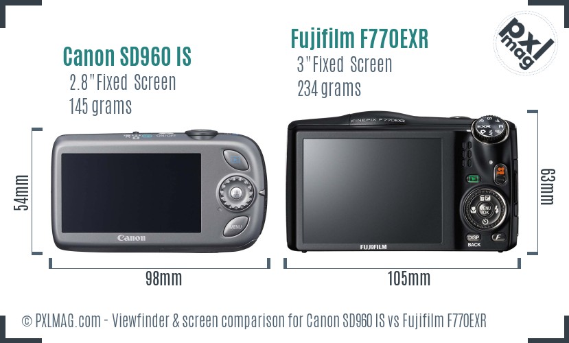 Canon SD960 IS vs Fujifilm F770EXR Screen and Viewfinder comparison
