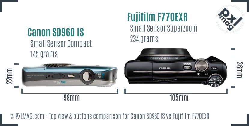 Canon SD960 IS vs Fujifilm F770EXR top view buttons comparison