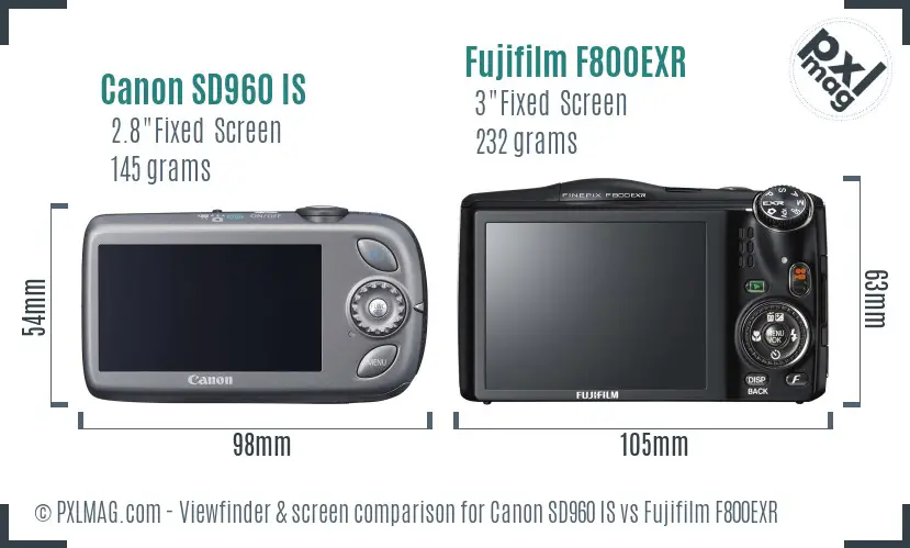 Canon SD960 IS vs Fujifilm F800EXR Screen and Viewfinder comparison