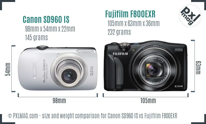 Canon SD960 IS vs Fujifilm F800EXR size comparison
