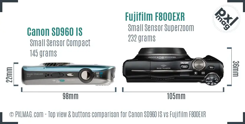 Canon SD960 IS vs Fujifilm F800EXR top view buttons comparison