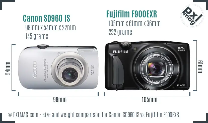 Canon SD960 IS vs Fujifilm F900EXR size comparison
