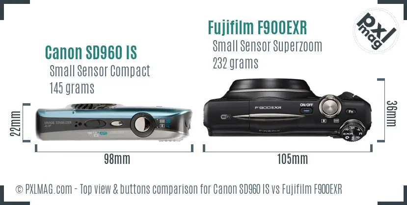 Canon SD960 IS vs Fujifilm F900EXR top view buttons comparison