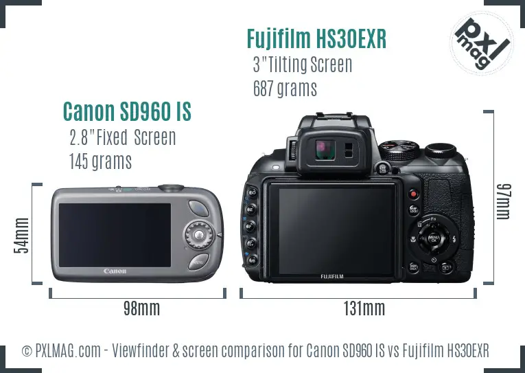 Canon SD960 IS vs Fujifilm HS30EXR Screen and Viewfinder comparison