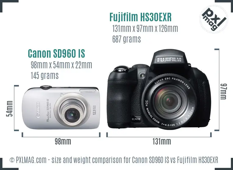Canon SD960 IS vs Fujifilm HS30EXR size comparison