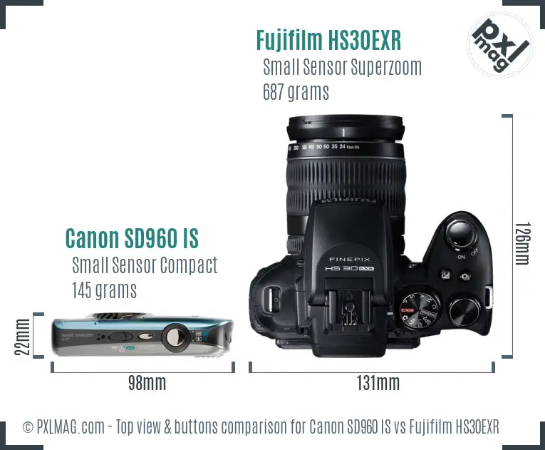 Canon SD960 IS vs Fujifilm HS30EXR top view buttons comparison