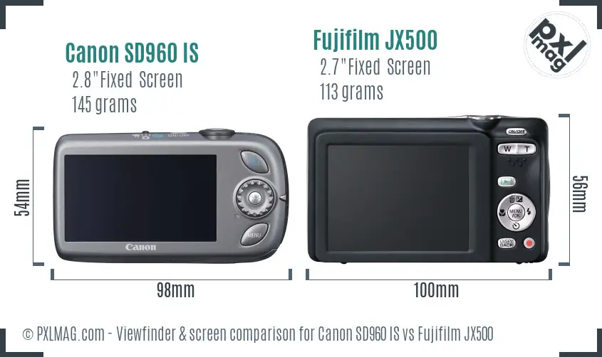 Canon SD960 IS vs Fujifilm JX500 Screen and Viewfinder comparison