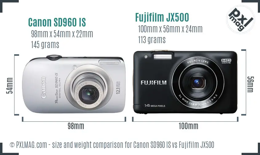 Canon SD960 IS vs Fujifilm JX500 size comparison
