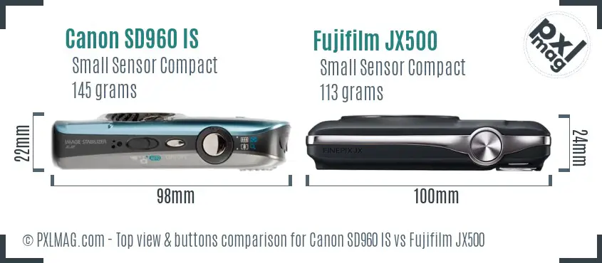 Canon SD960 IS vs Fujifilm JX500 top view buttons comparison