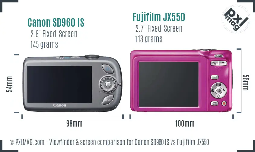 Canon SD960 IS vs Fujifilm JX550 Screen and Viewfinder comparison