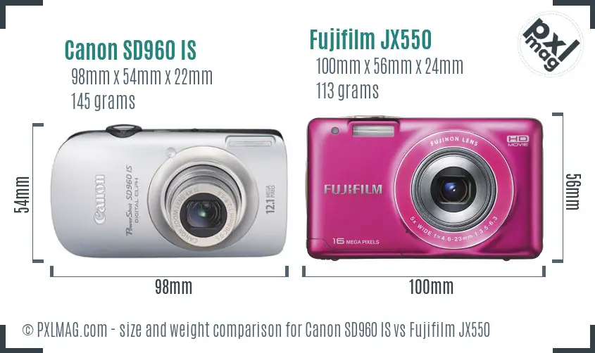 Canon SD960 IS vs Fujifilm JX550 size comparison