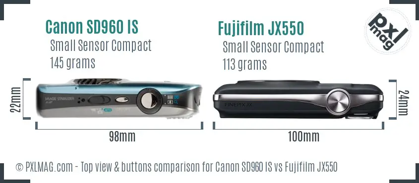 Canon SD960 IS vs Fujifilm JX550 top view buttons comparison