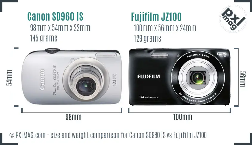 Canon SD960 IS vs Fujifilm JZ100 size comparison