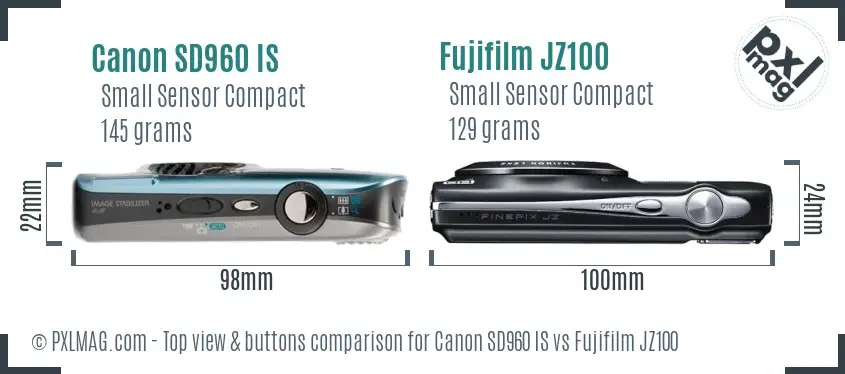Canon SD960 IS vs Fujifilm JZ100 top view buttons comparison