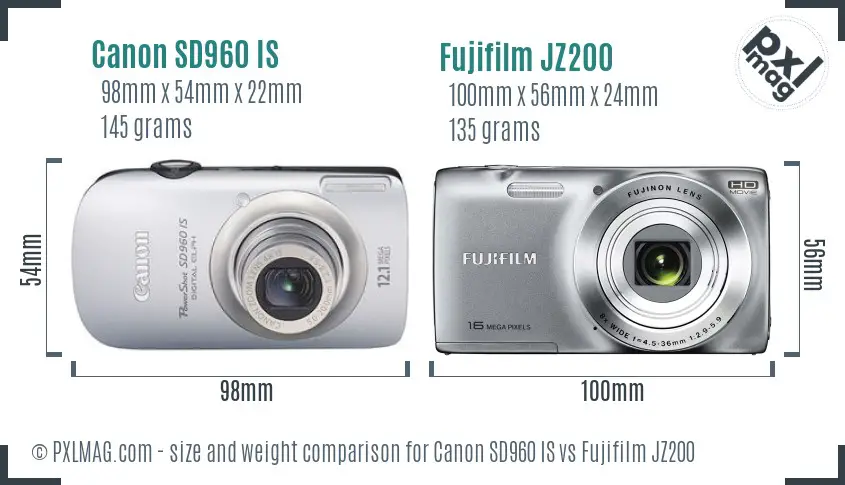 Canon SD960 IS vs Fujifilm JZ200 size comparison