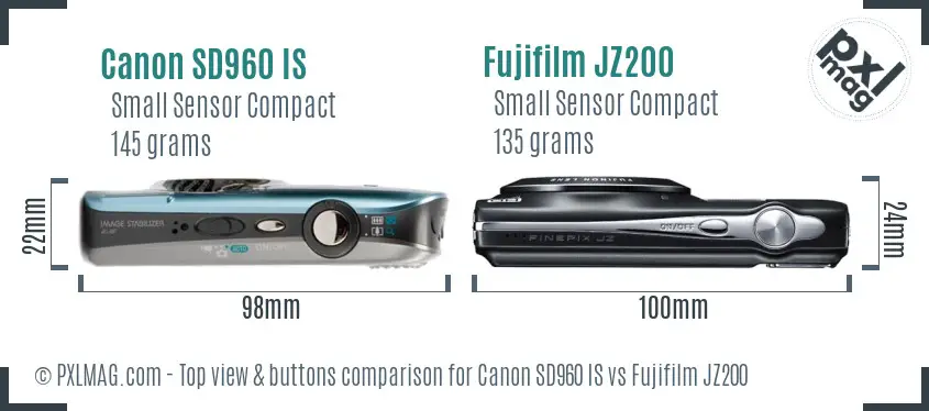 Canon SD960 IS vs Fujifilm JZ200 top view buttons comparison